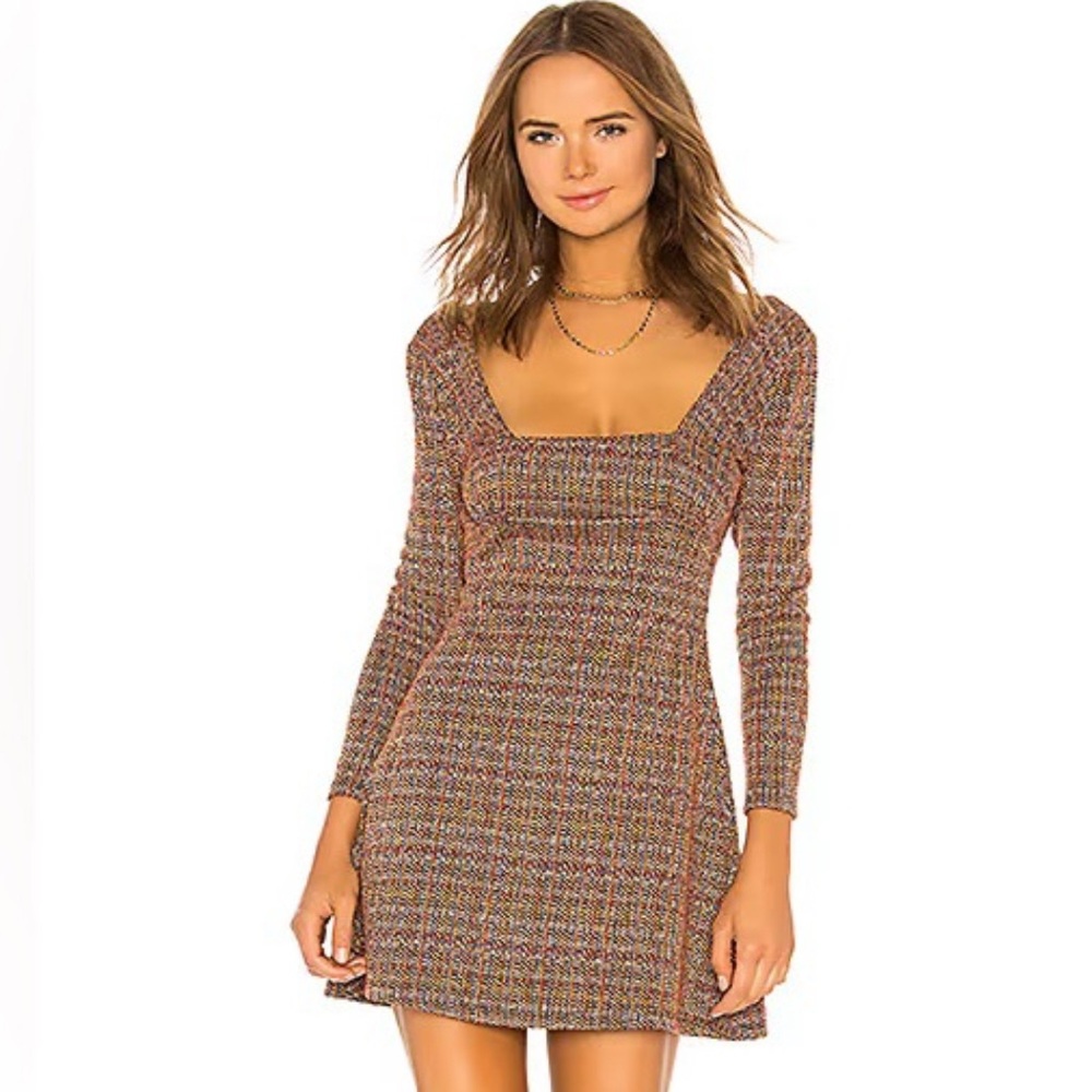 Free People Uptown Girl Colorful Long Sleeve Dress Twill‎ Tweed Plaid Preppy